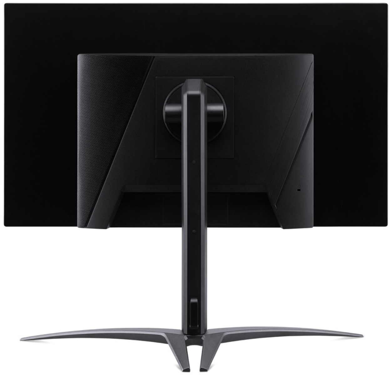 Tył czarnego monitora komputera na stojaku.