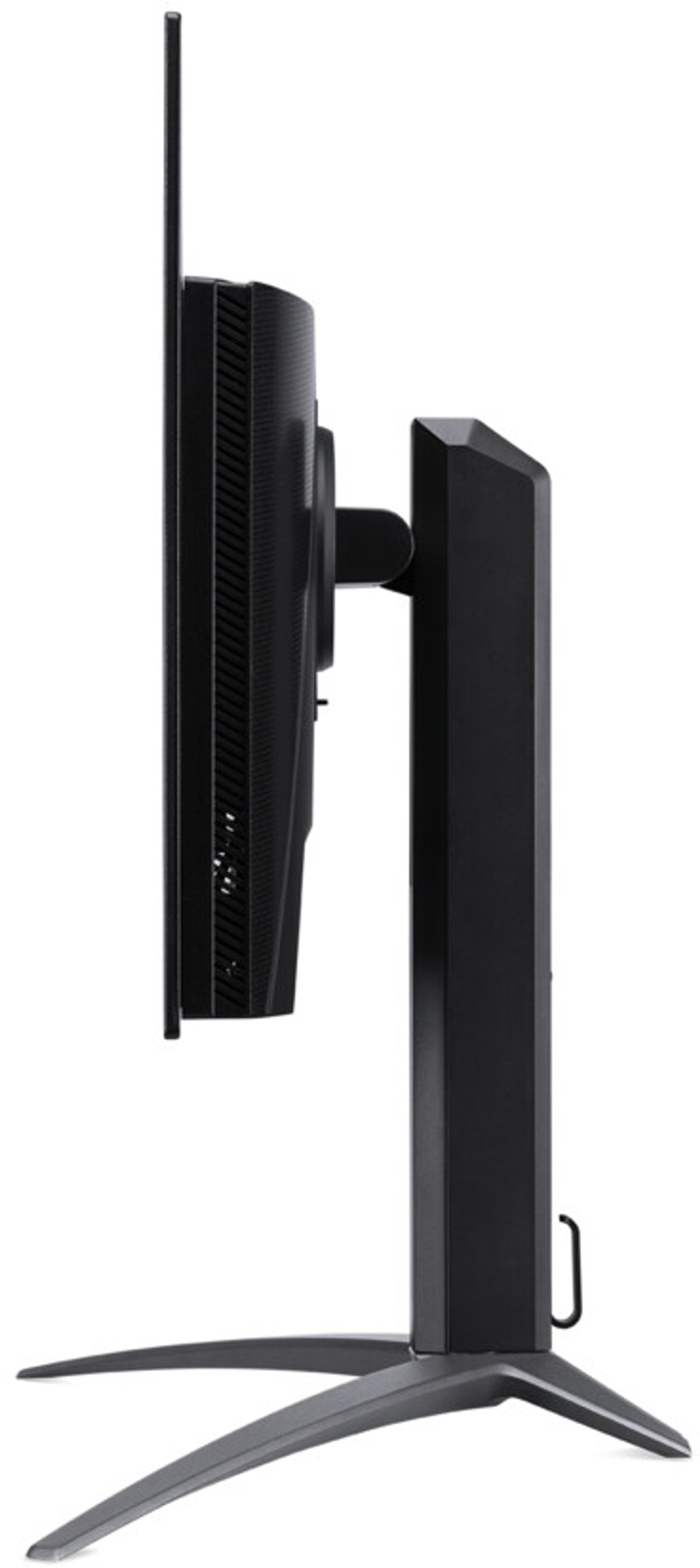 Widok z boku czarnego monitora komputera na stojaku.