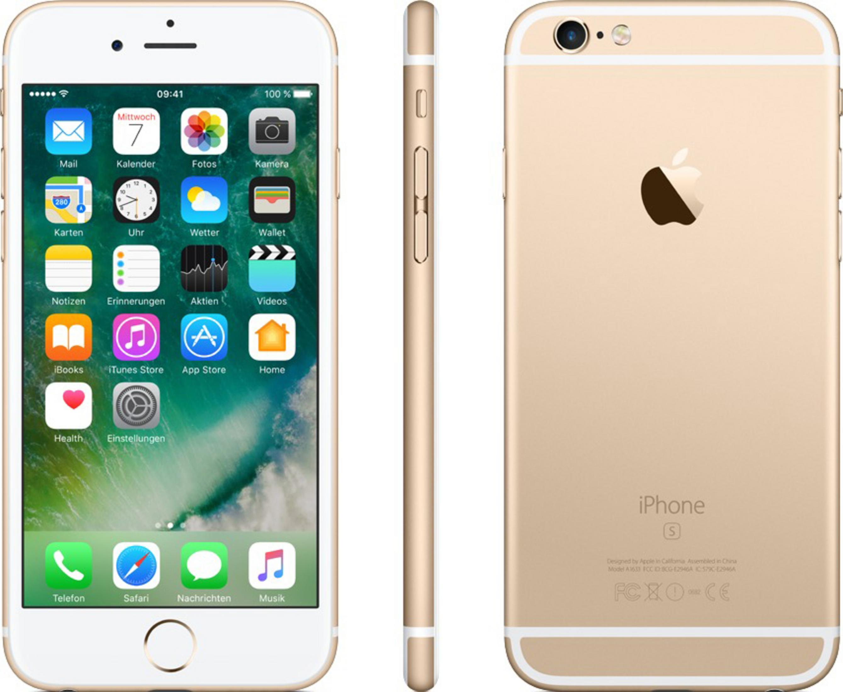 Goldenes iPhone 6s, Vorder-, Seiten- und Rückansicht mit Kamera und Apps.