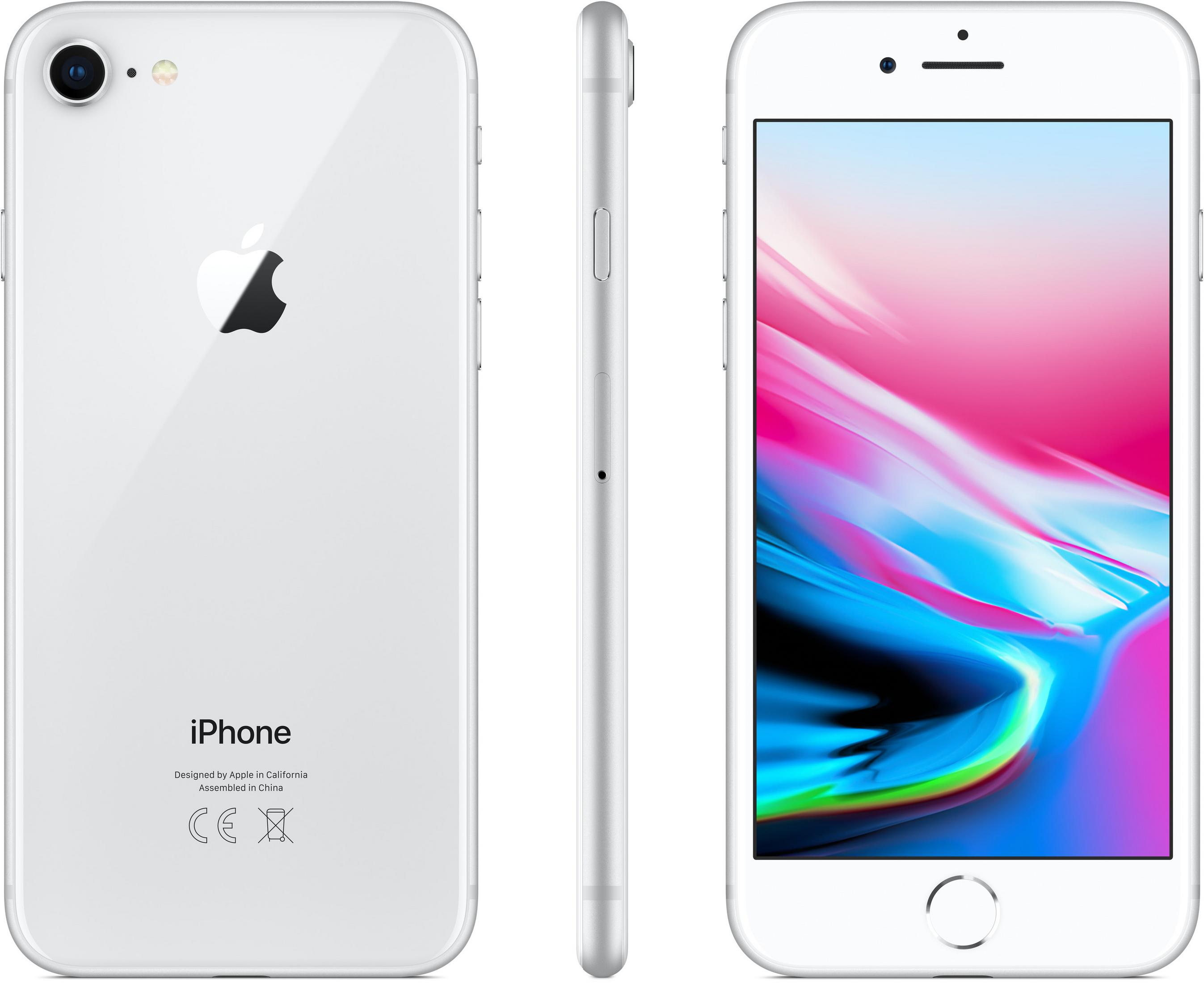 Weißes iPhone aus drei Blickwinkeln. Rück-, Seiten- und Vorderansicht, die Vorderseite zeigt ein farbenfrohes Display.