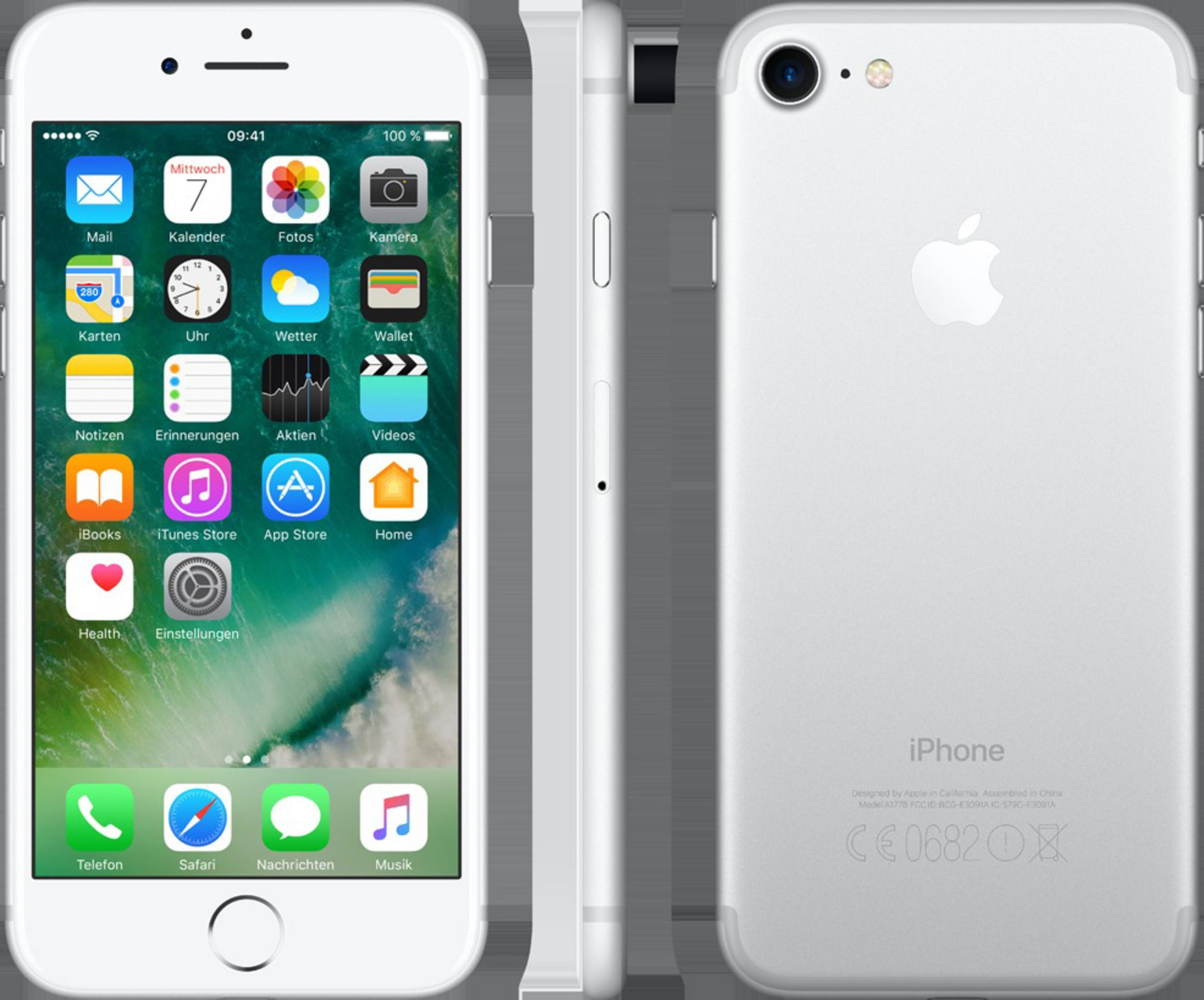 Weißes iPhone 7, Vorder-, Seiten- und Rückansicht. Symbole auf dem Bildschirm.