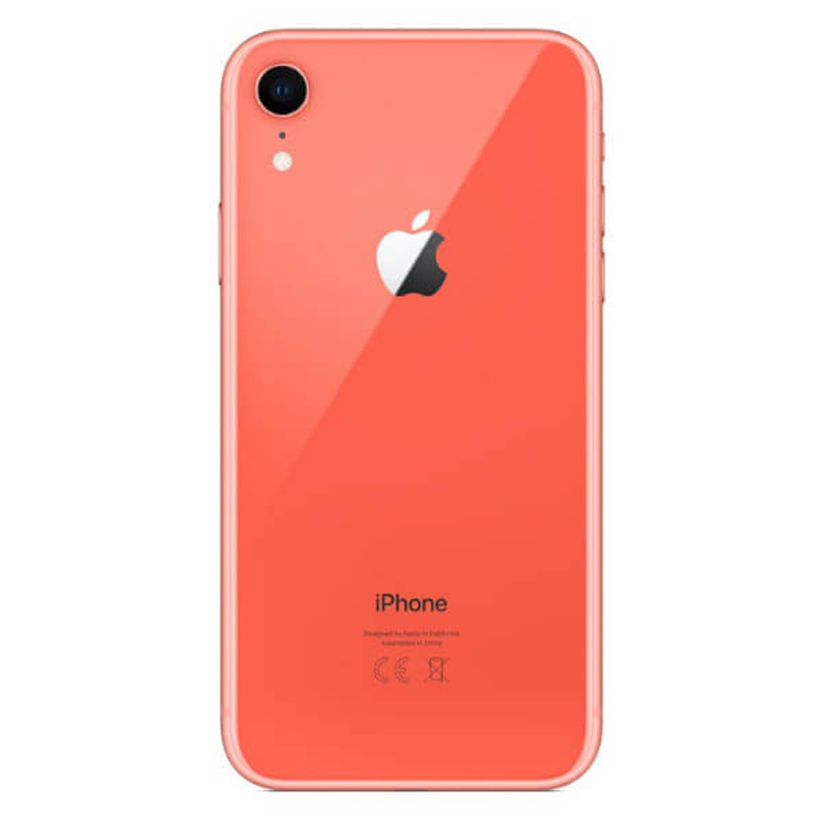 Tył iPhone XR w kolorze koralowym. Logo Apple. Obiektyw aparatu i lampa błyskowa.