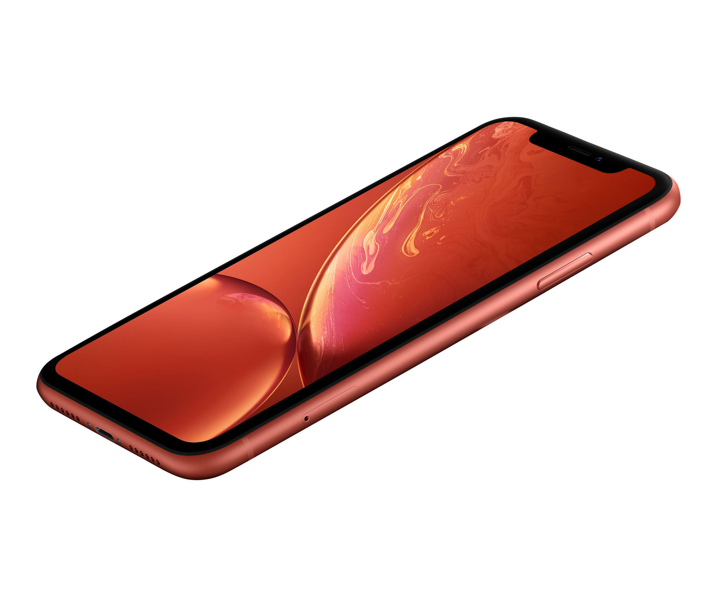 iPhone XR w kolorze koralowym. Telefon jest ustawiony pod kątem, pokazując ekran i boczne przyciski.