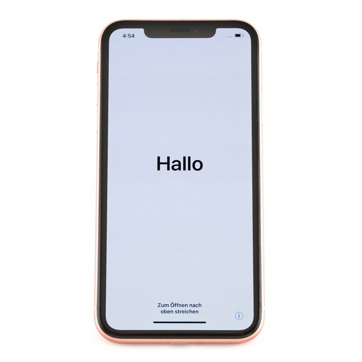 Ekran iPhone'a w kolorze różowego złota wyświetlający słowo „Hallo” w czarnym tekście.
