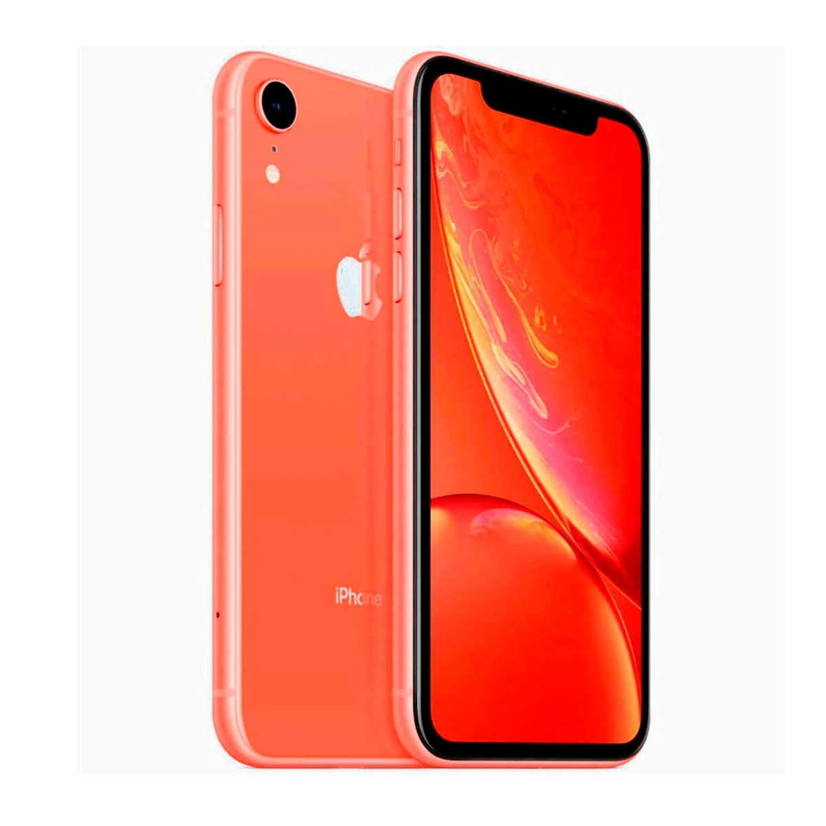 Dwa koralowe smartfony. Jeden wyświetla czarny ekran, drugi tył.