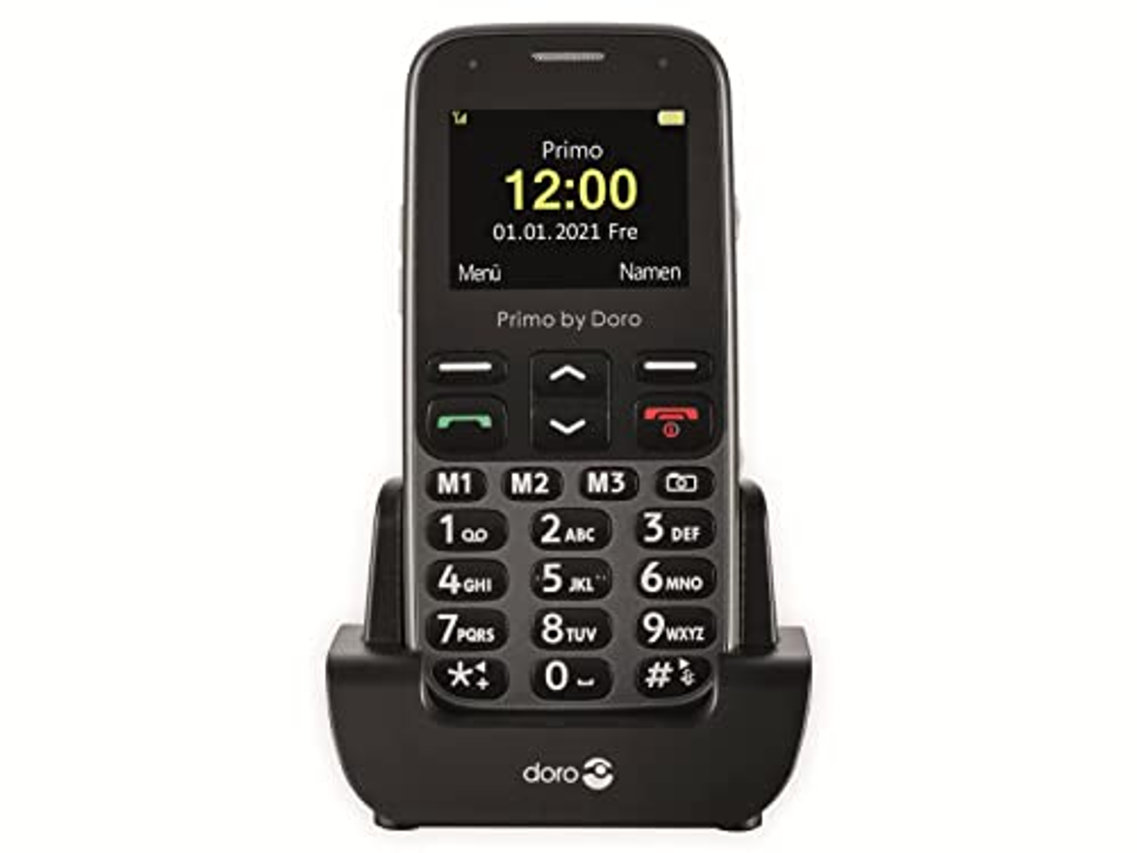 Czarny telefon Doro Primo z wyświetlaczem pokazującym godzinę, w stacji ładującej.