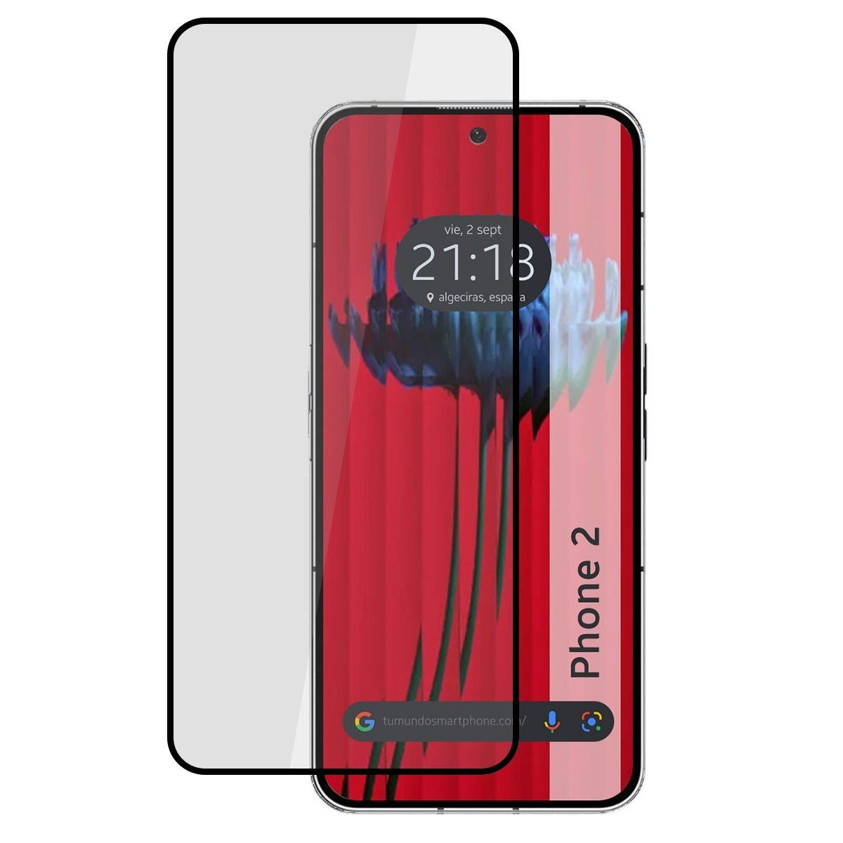 Telefono 2 con protezione schermo. Sfondo rosso e dettagli del telefono visibili.