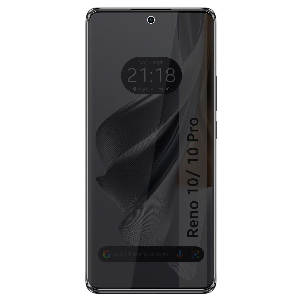 Il telefono mostra l'ora. La custodia ha un motivo nero e grigio. Sfondo bianco.