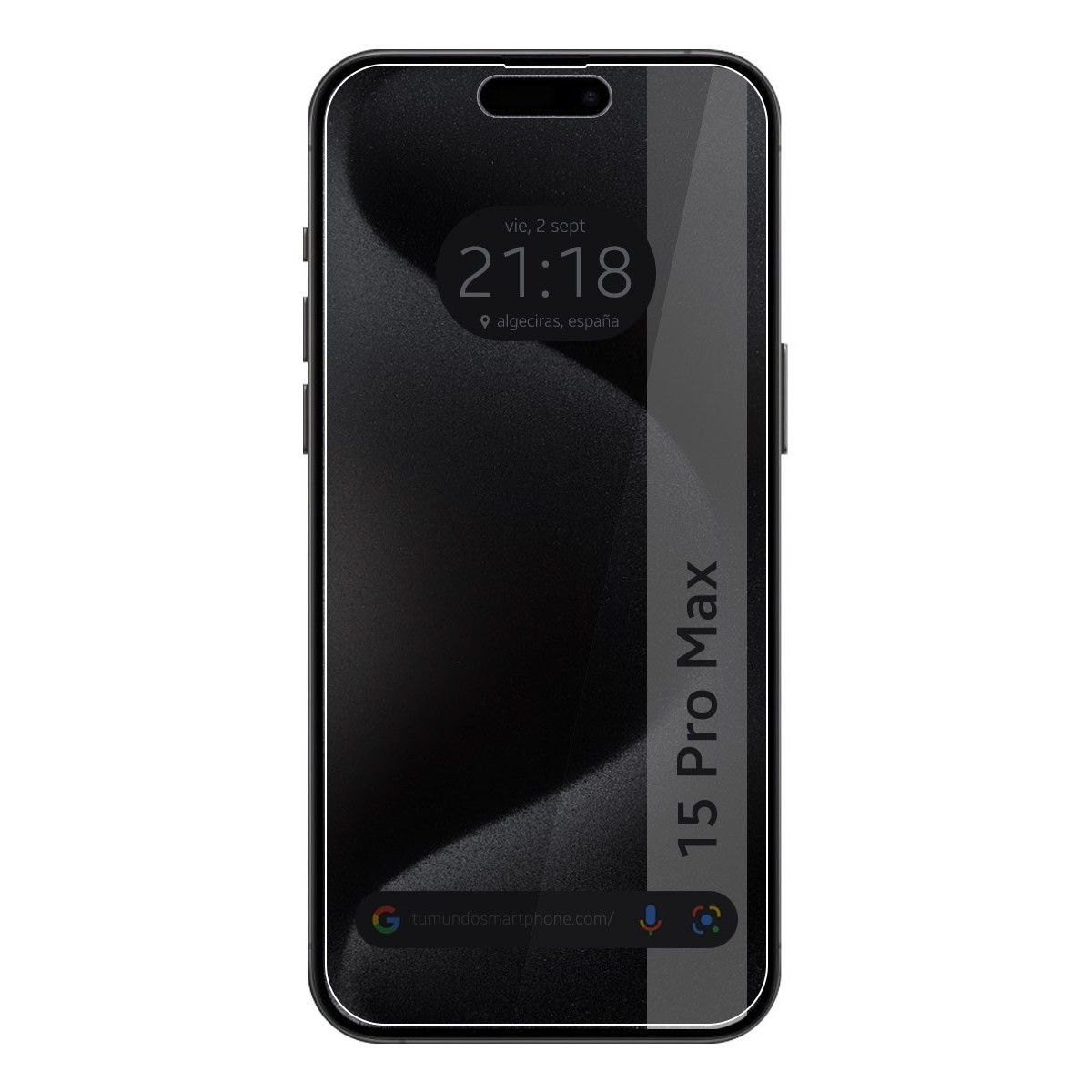 Un teléfono inteligente con pantalla negra que muestra la hora y la ubicación. La funda tiene un patrón de cerdos.