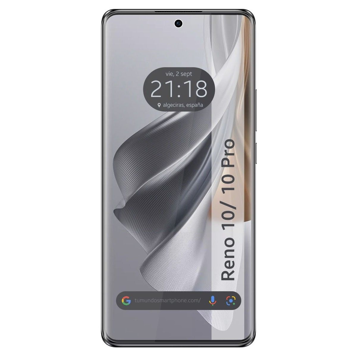Smartphone con schermo che mostra ora e data, testo "Reno 10/10 Pro" sul lato destro.