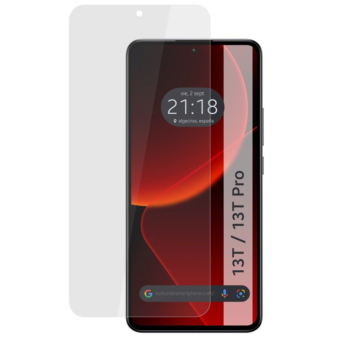 Un telefono con protezione schermo e sfondo rosso e nero.