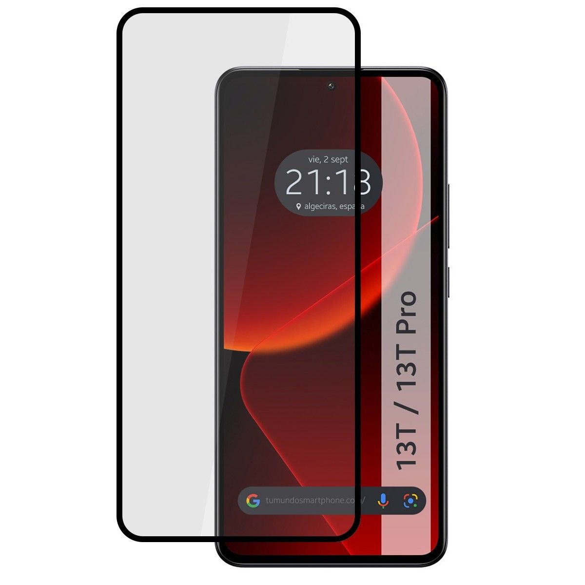 Smartphone con protezione schermo, che mostra un design astratto rosso e l'ora.