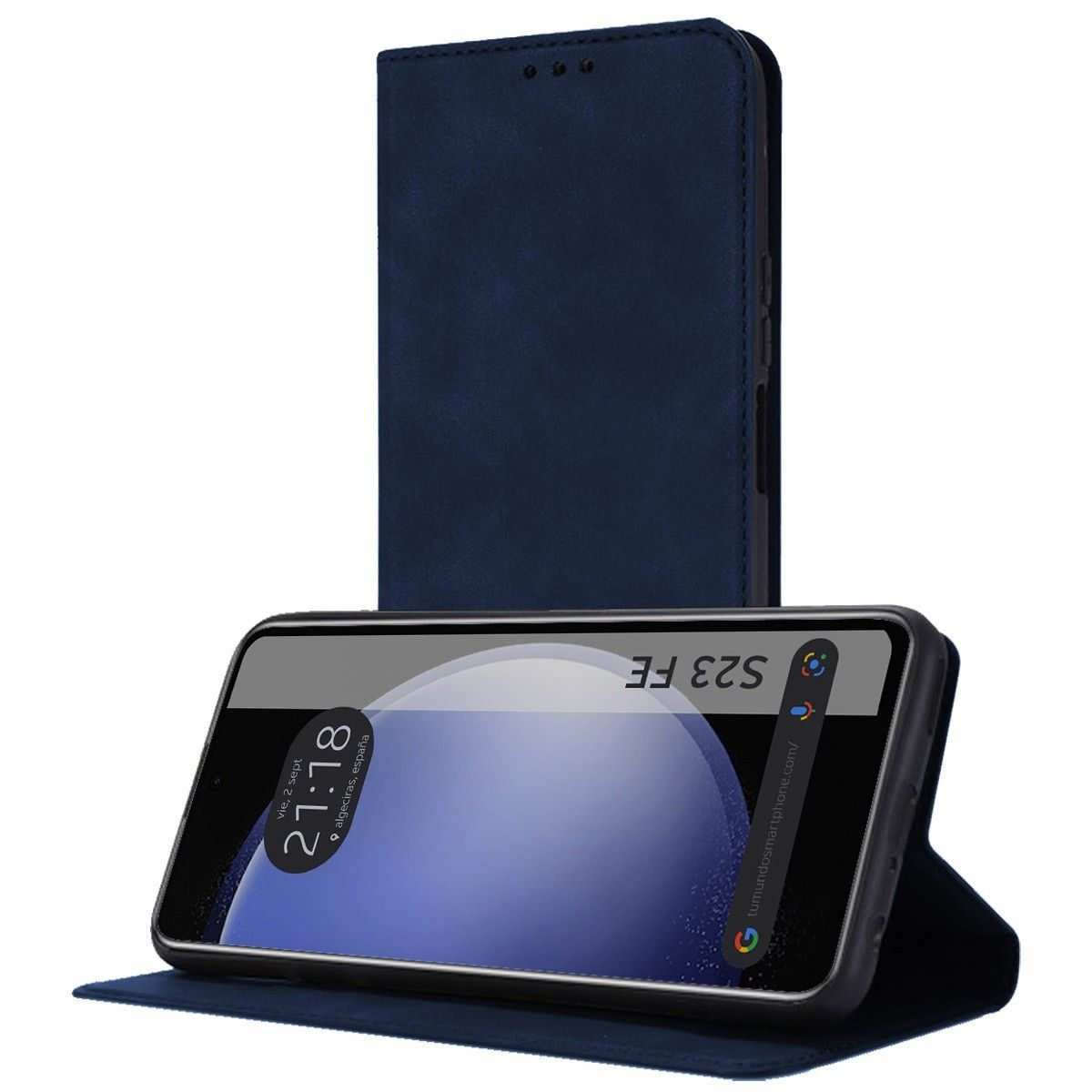 Custodia blu per telefono con orologio. Il telefono è aperto.