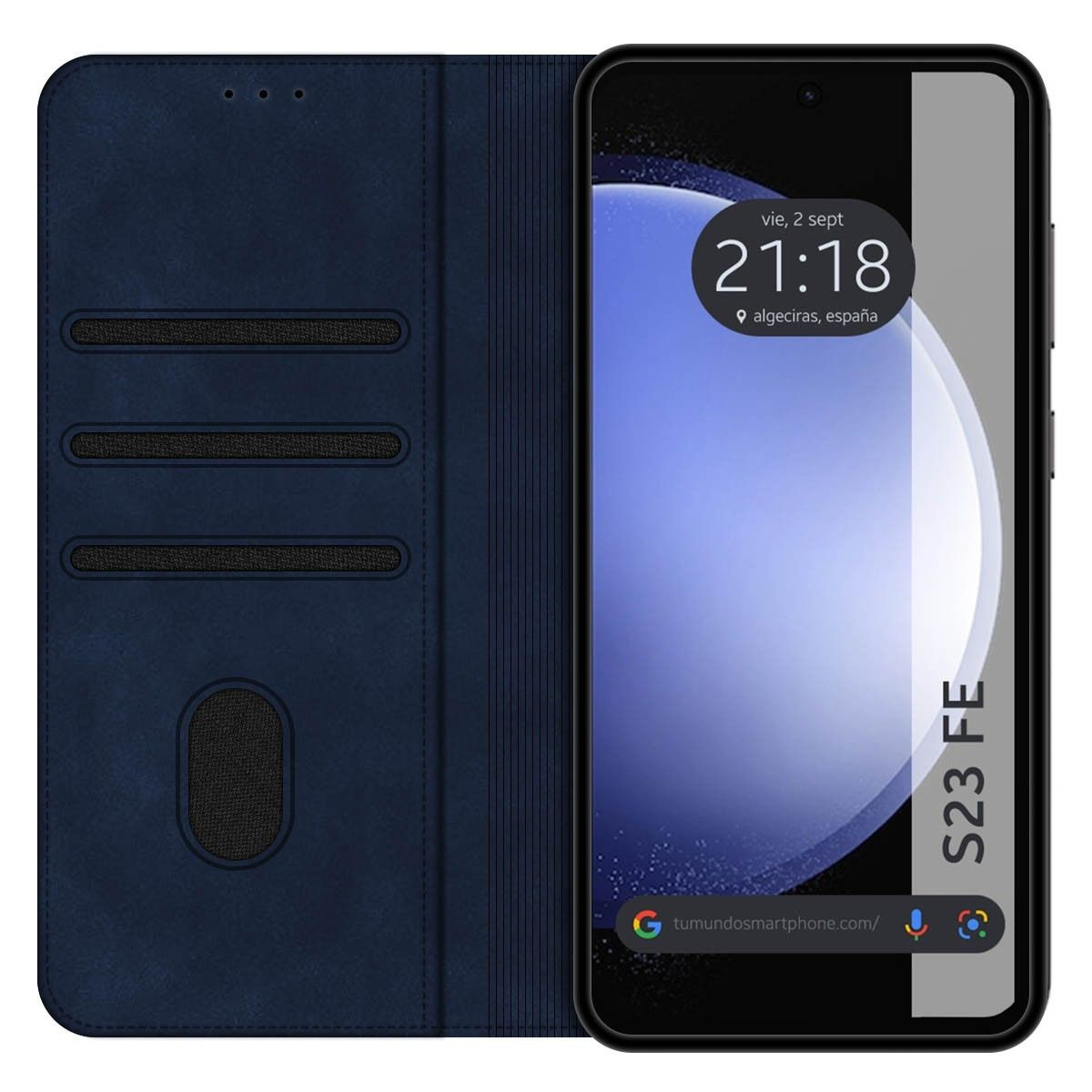 Custodia blu con telefono che mostra ora, posizione e indirizzo web.