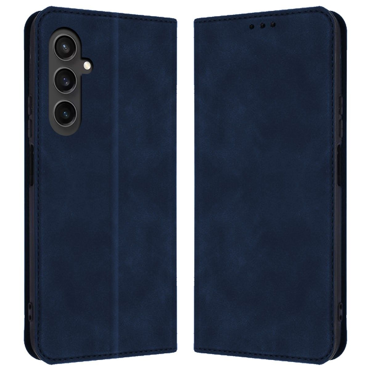 Una custodia per telefono blu navy, aperta, che mostra l'interno e l'esterno della custodia.