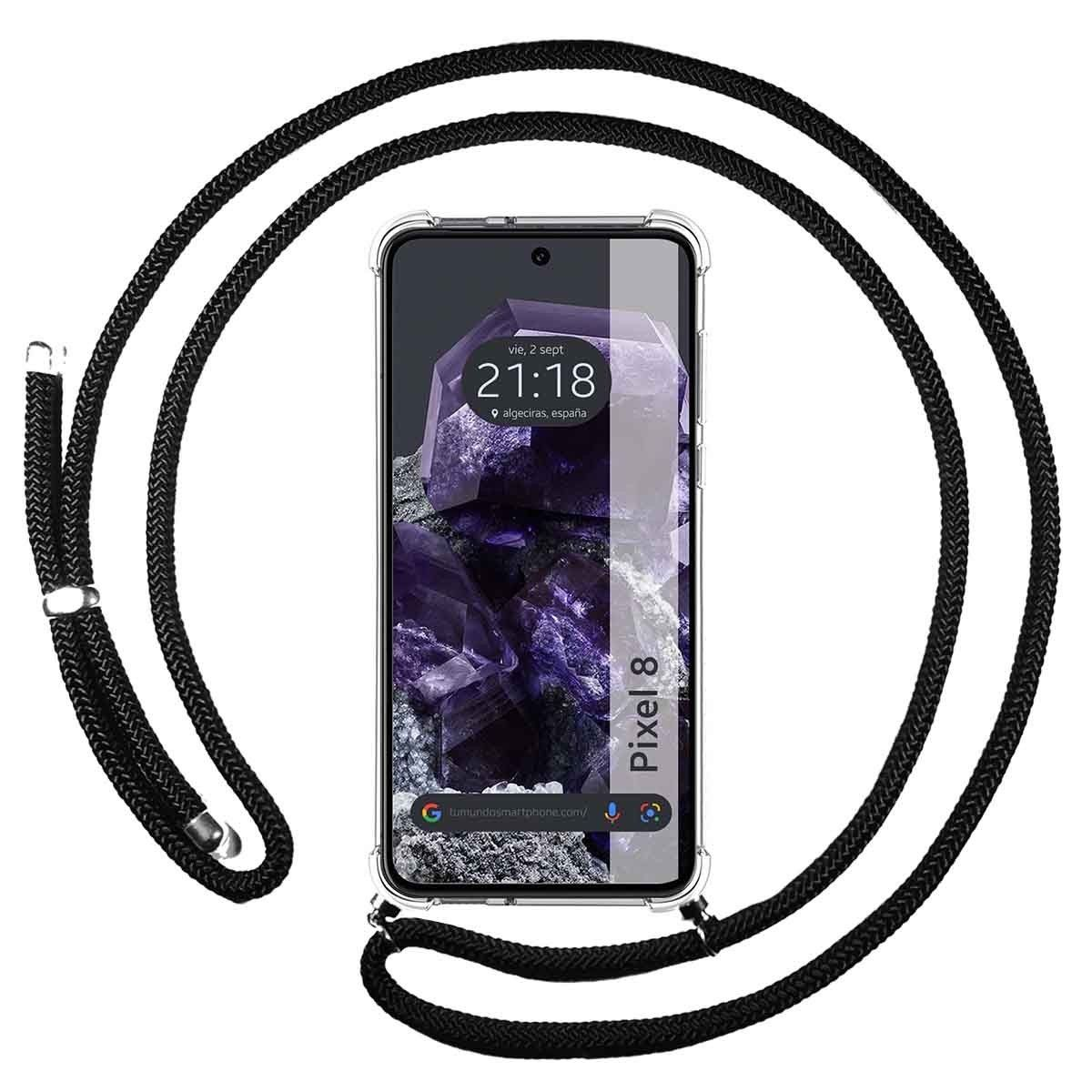Smartphone Pixel 8 nero con cavo nero. Lo schermo mostra uno sfondo viola a motivi.
