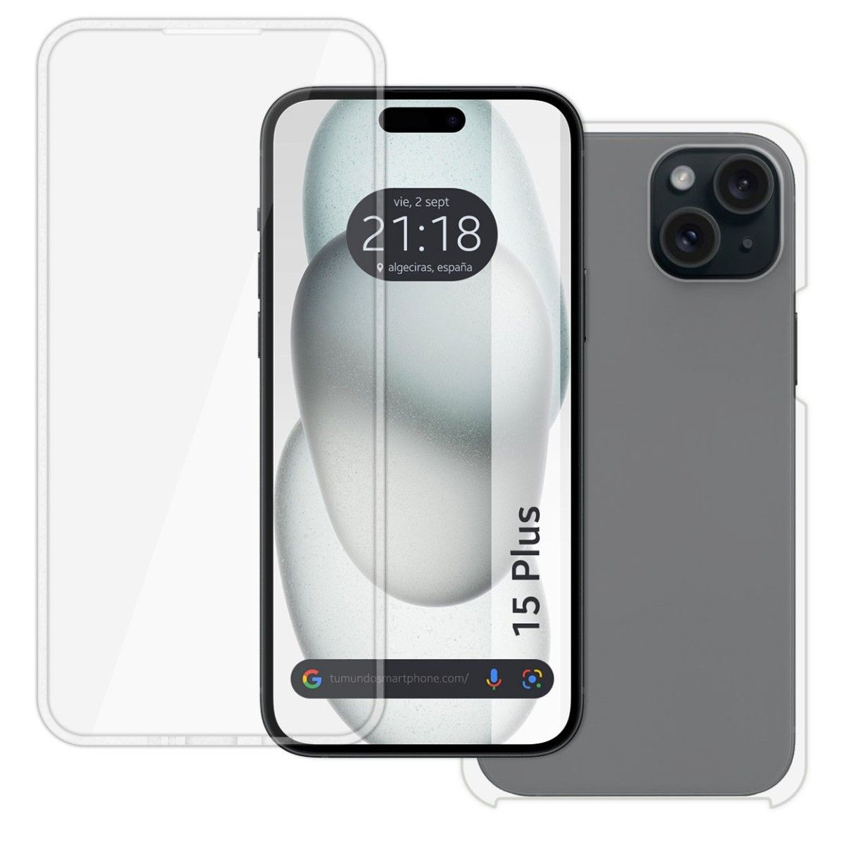 Un telefono con protezione schermo e custodia grigia. Lo schermo mostra l'ora e la posizione.