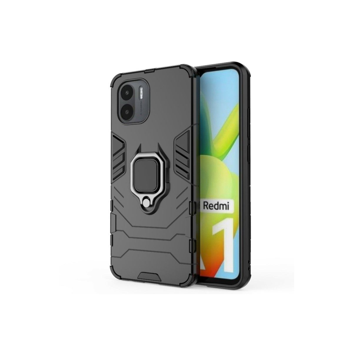 Telefono Redmi in una custodia nera con supporto ad anello, presentato verticalmente.