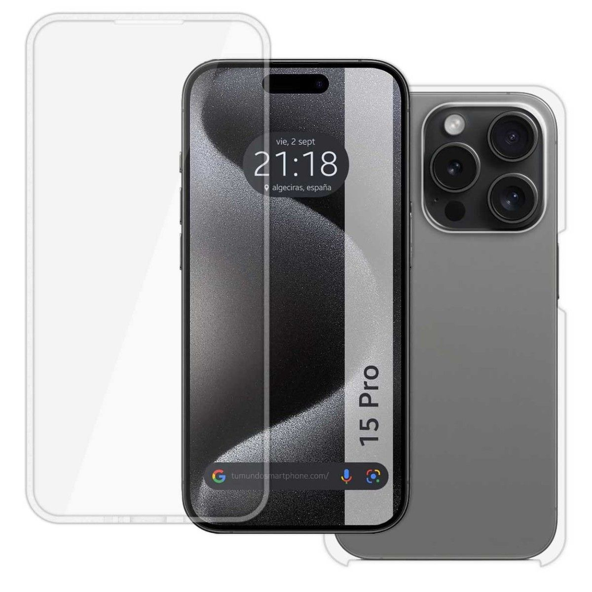 Un telefono con una protezione per lo schermo e un telefono grigio, che mostra l'ora e la data sullo schermo.