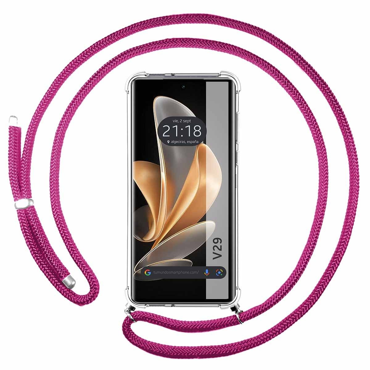 Smartphone con un cordino rosa. Il telefono mostra l'ora e un design astratto colorato.