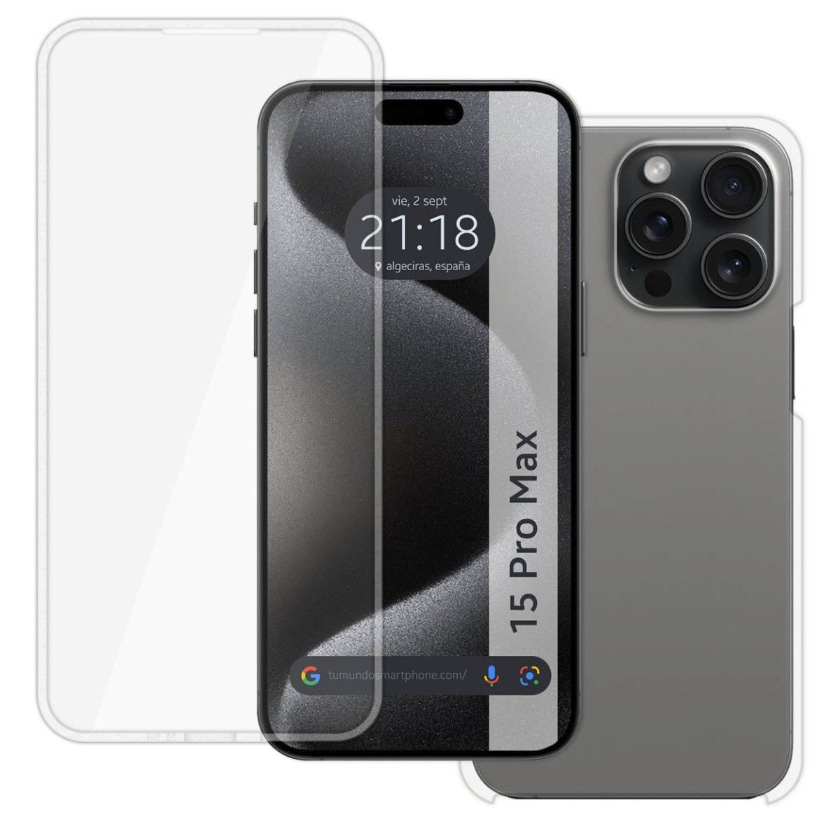 Telefono con custodia e protezione schermo. Il telefono è grigio, con una striscia nera e testo.