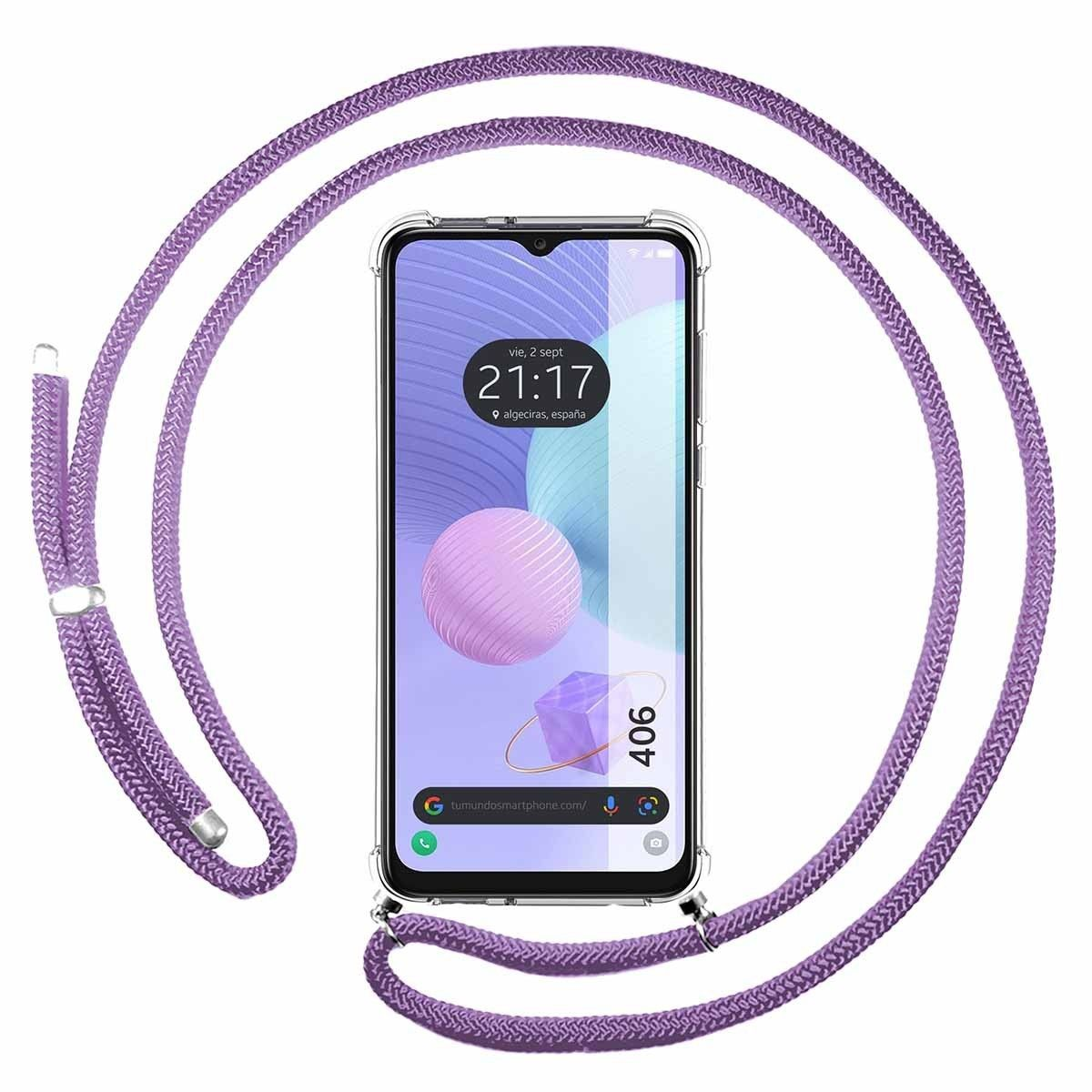 Un telefono con un cordino viola. Lo schermo mostra un orologio e uno sfondo.