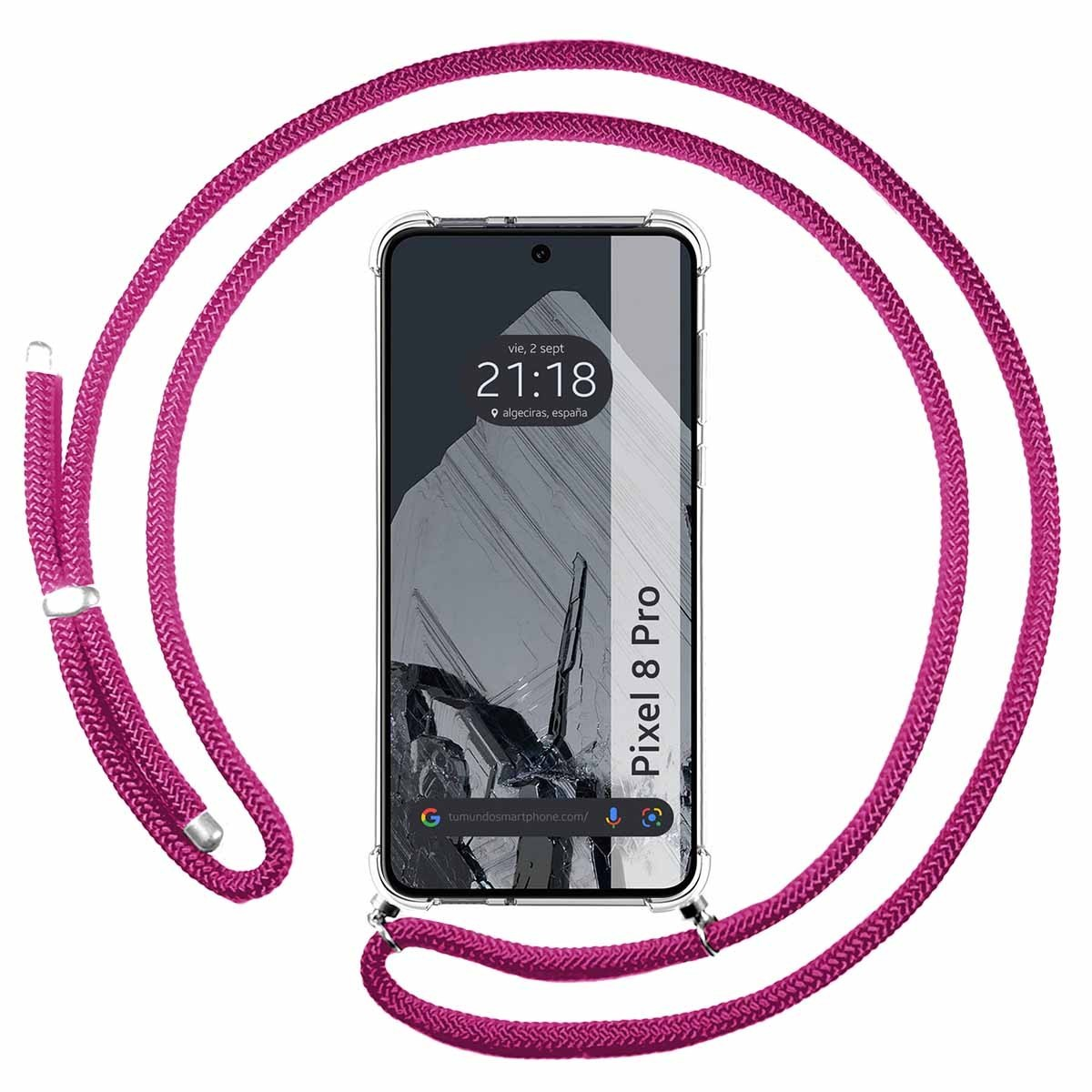Telefono con un cordino rosa, che mostra l'ora e la località Algeciras, Spagna.
