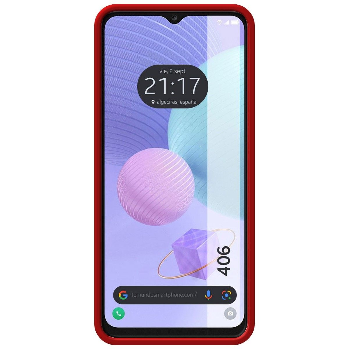 Custodia per telefono rossa con il telefono che mostra una data e un design rosa, blu e viola.