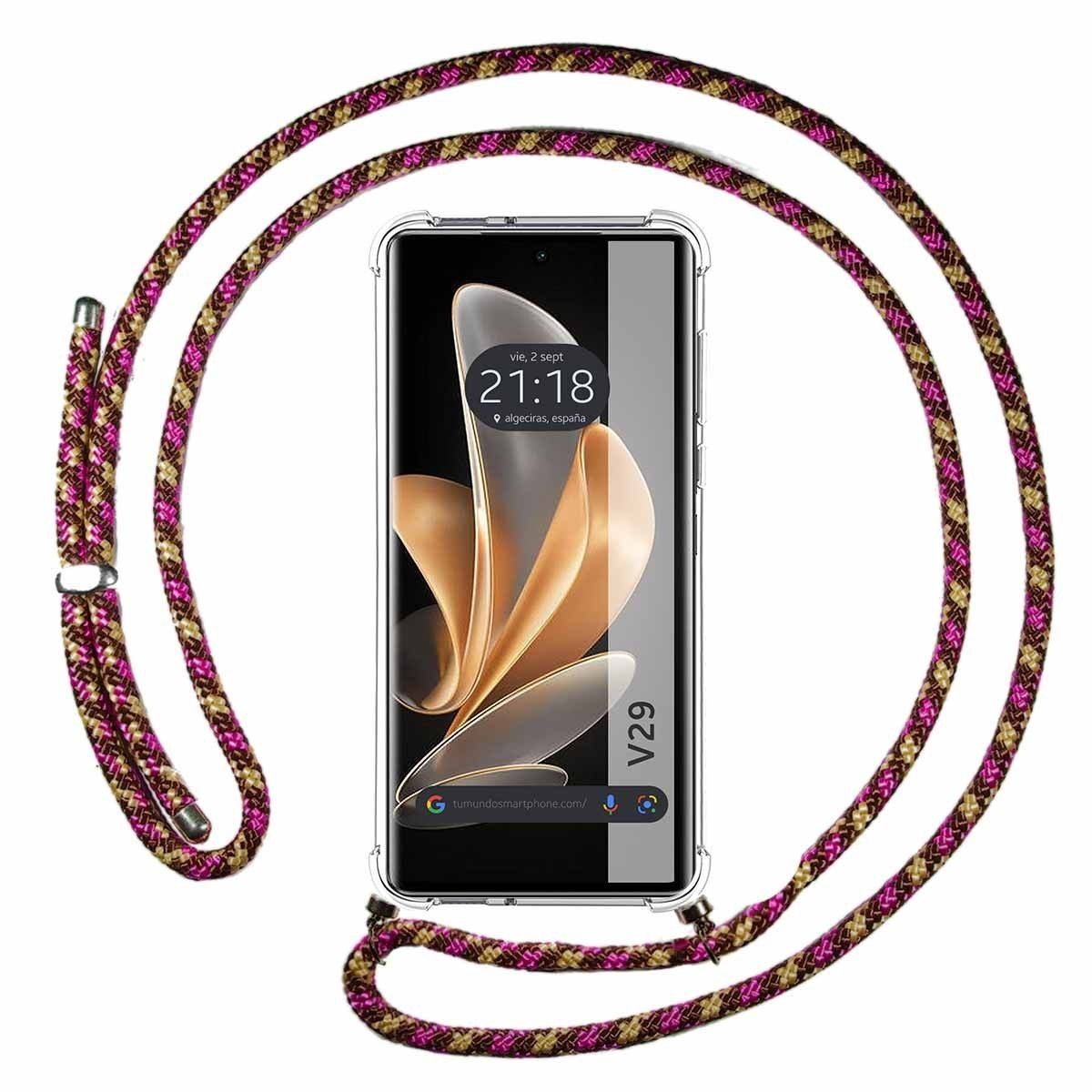 Telefono con un cordino attorno. Lo schermo mostra un design dorato e testo.
