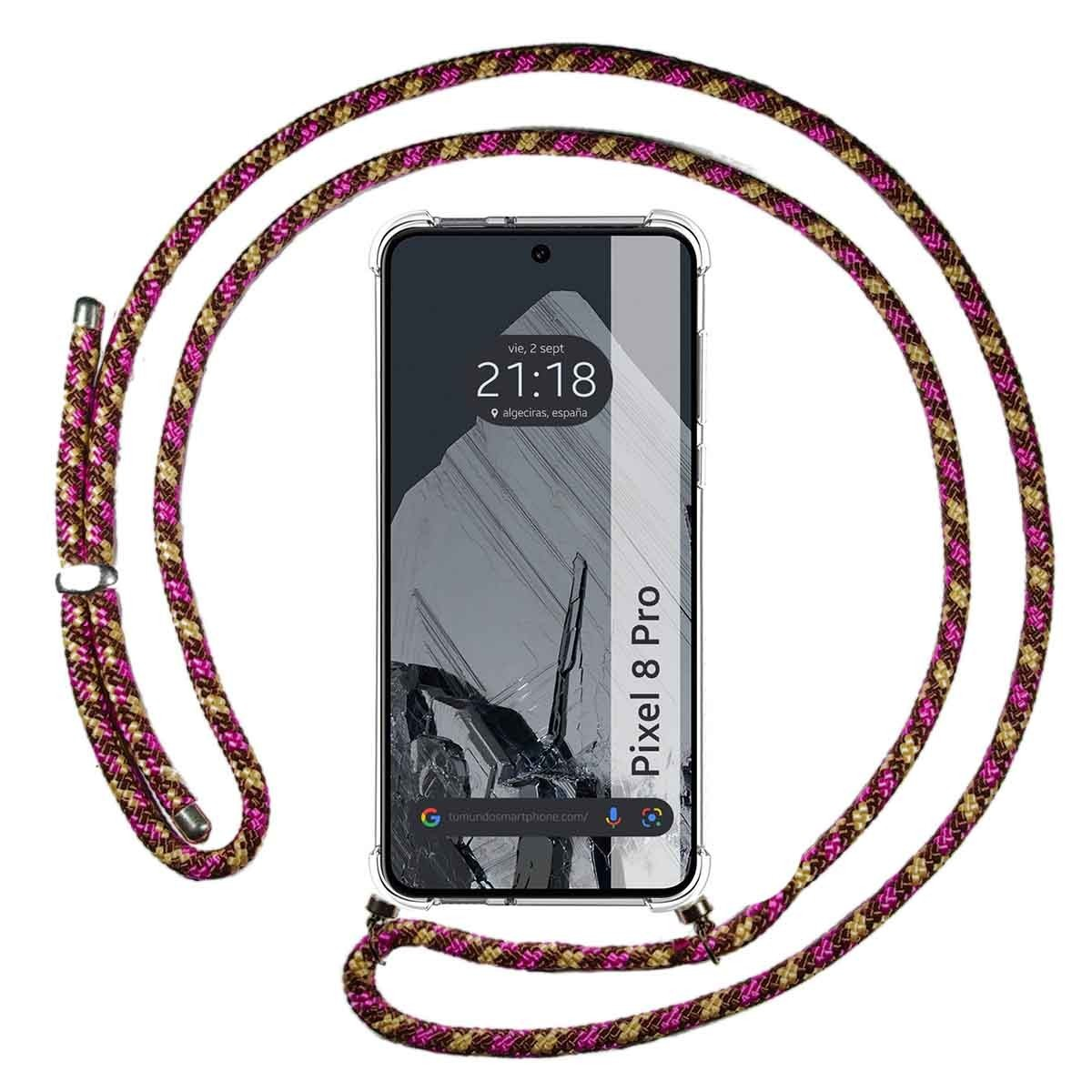 Un telefono con una corda rosa e marrone attaccata. Lo schermo mostra l'ora e la data.