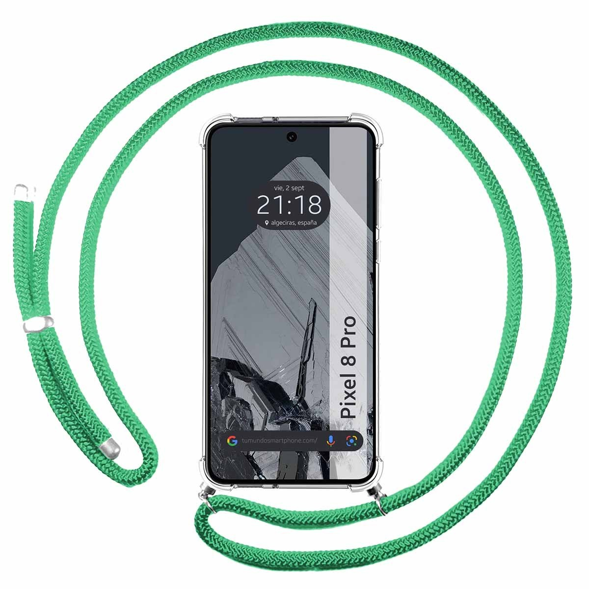 Telefono con corda verde. Lo schermo mostra l'ora.