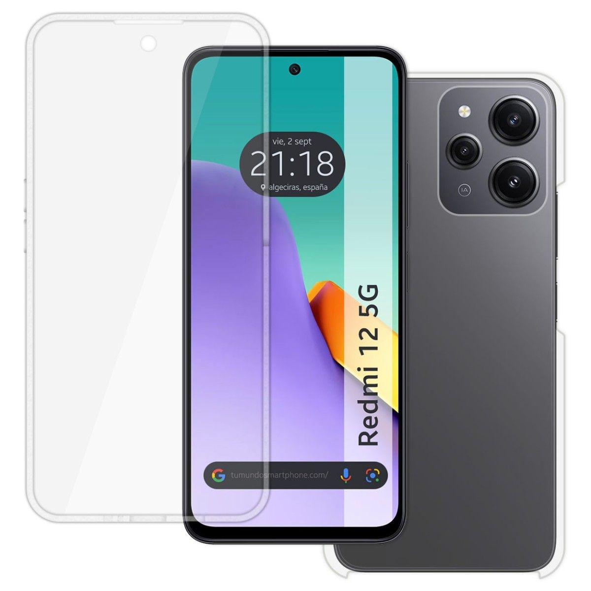 Un teléfono con protector de pantalla transparente y parte trasera gris. Muestra la hora y la ubicación.