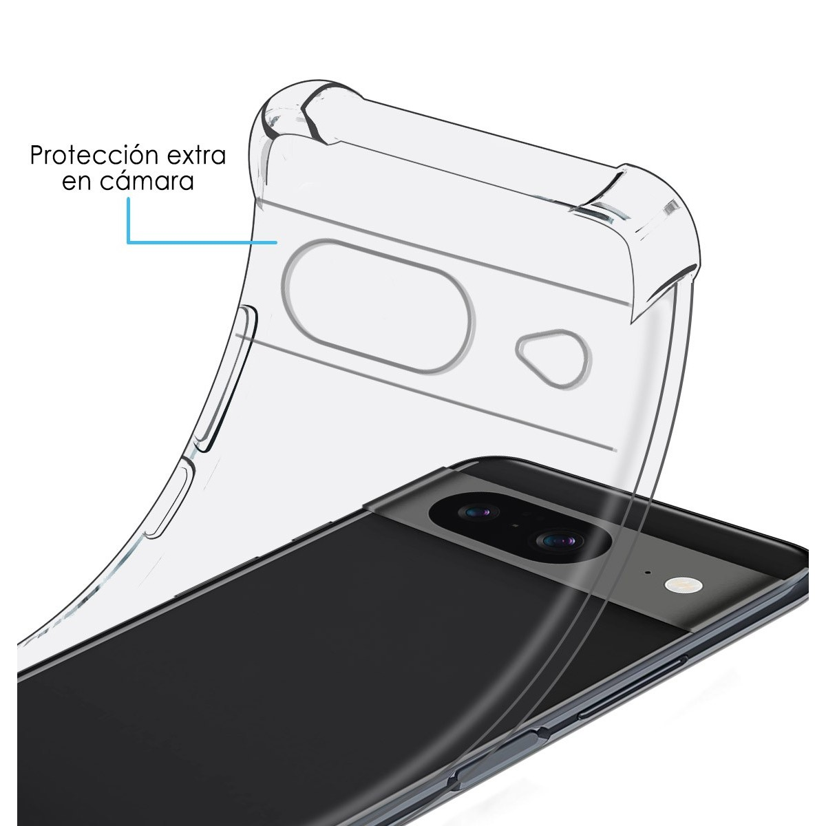 Teléfono con funda transparente. El texto menciona protección adicional en la cámara. El teléfono es negro.