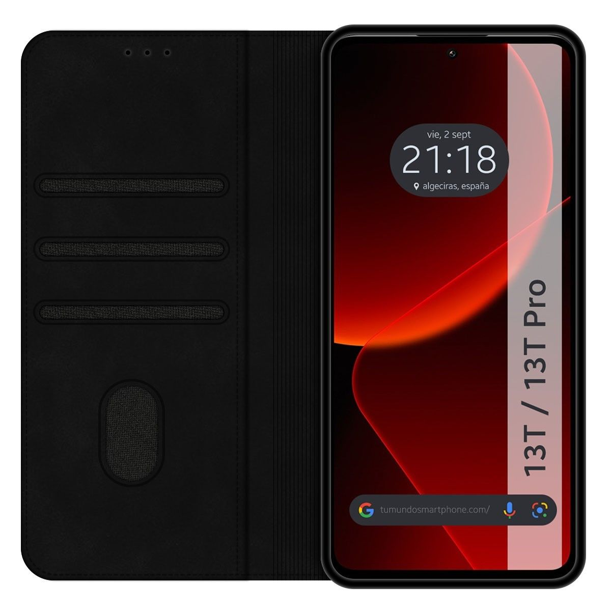 Custodia per telefono aperta, che mostra un telefono con data e ora e sfondo rosso.