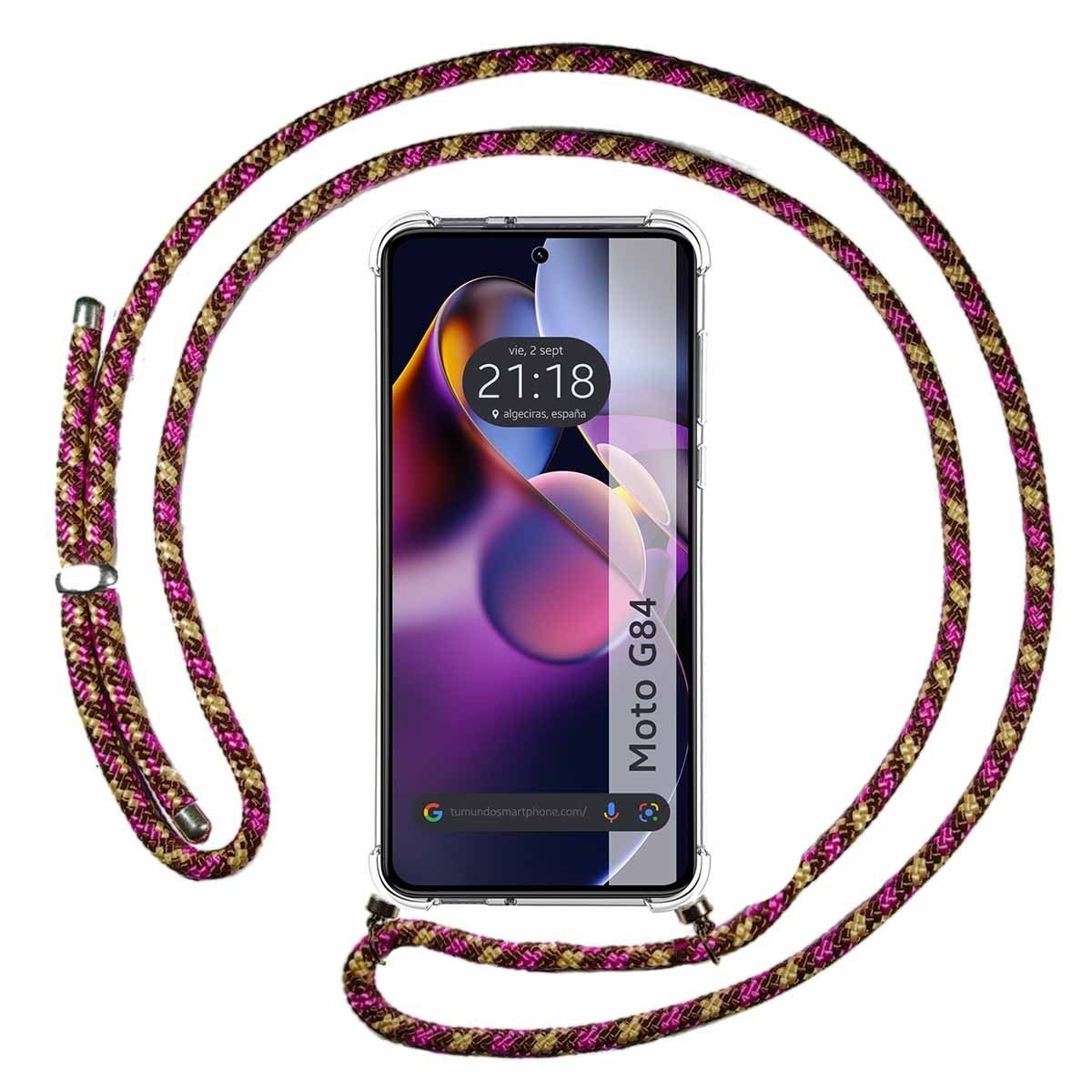 Un telefono con custodia a cordoncino con motivo rosa e marrone.
