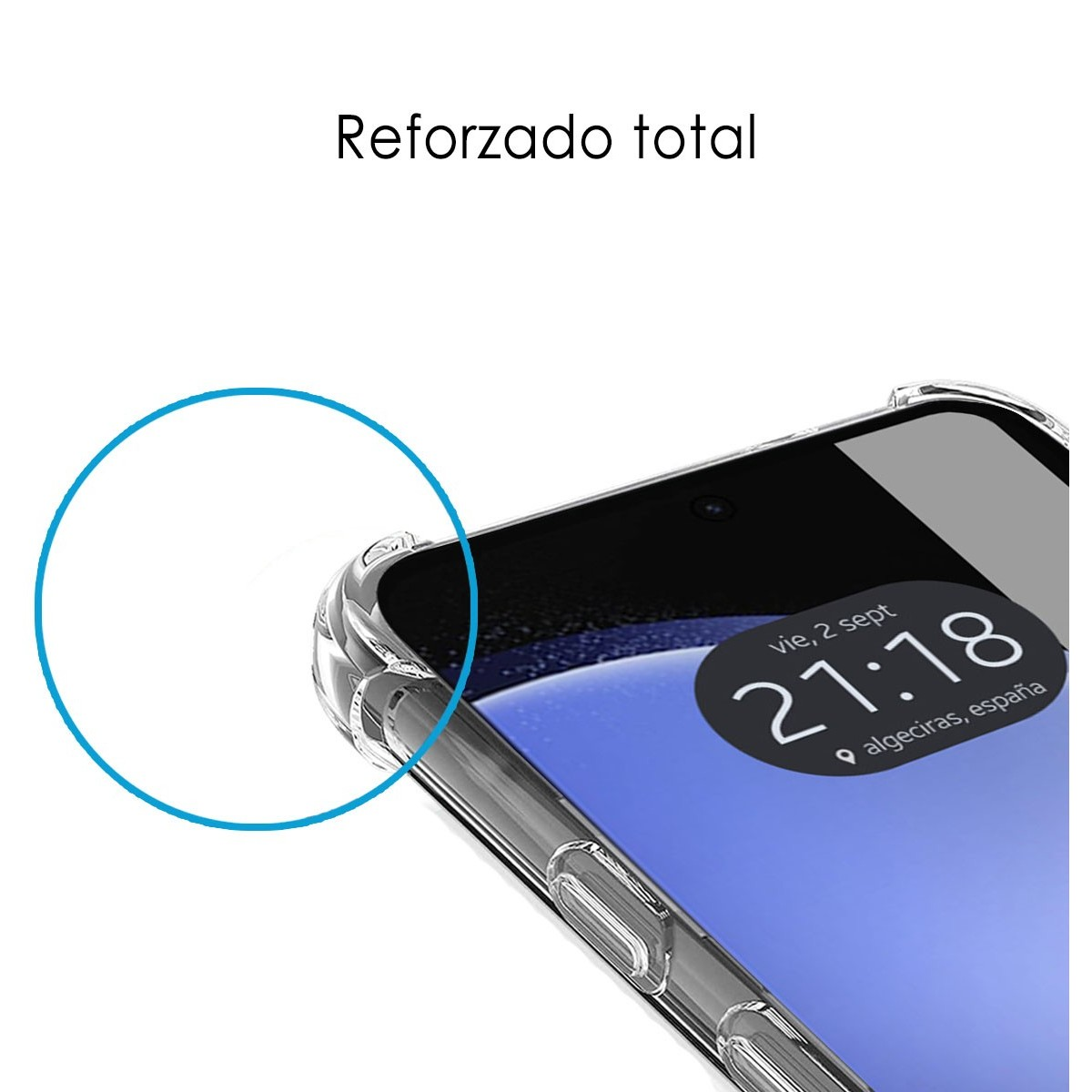Telefono, schermo che mostra l'ora, con un cerchio blu e testo sopra.