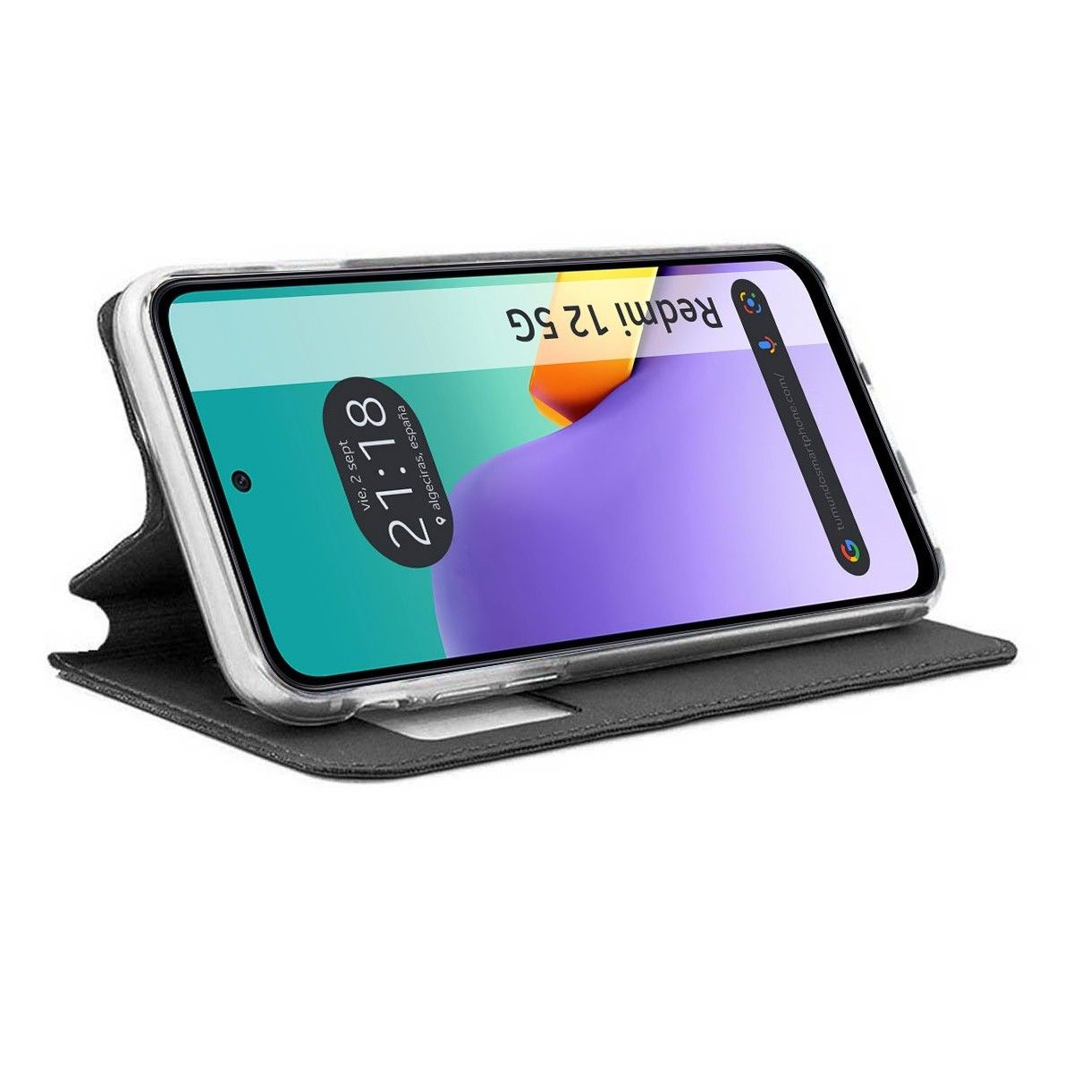 Telefono in una custodia a libro, che mostra l'ora e la data sullo schermo, con Redmi 12 5G.