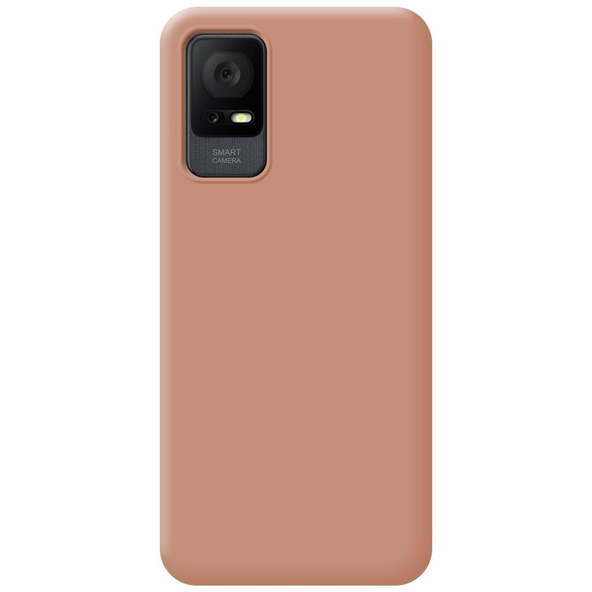 Custodia rosa per telefono con fotocamera. Lo sfondo è vuoto.