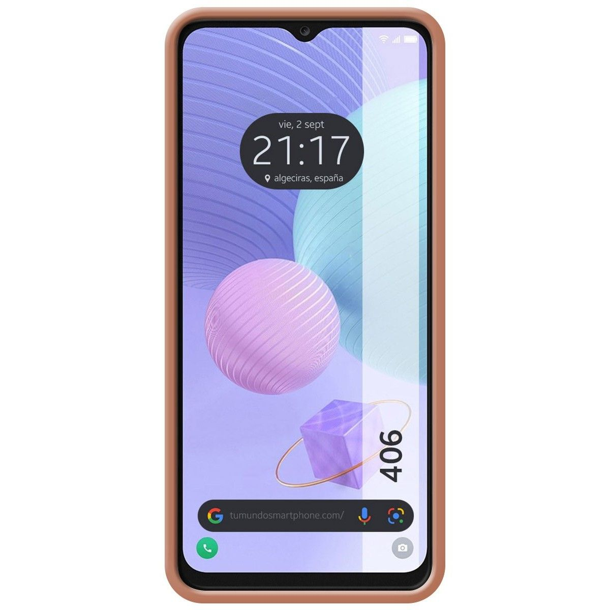 Telefono con schermo che mostra l'ora, una sfera viola e un cubo.
