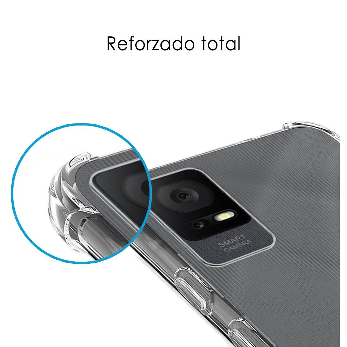 Custodia per telefono con fotocamera e testo. Custodia trasparente con telefono grigio.