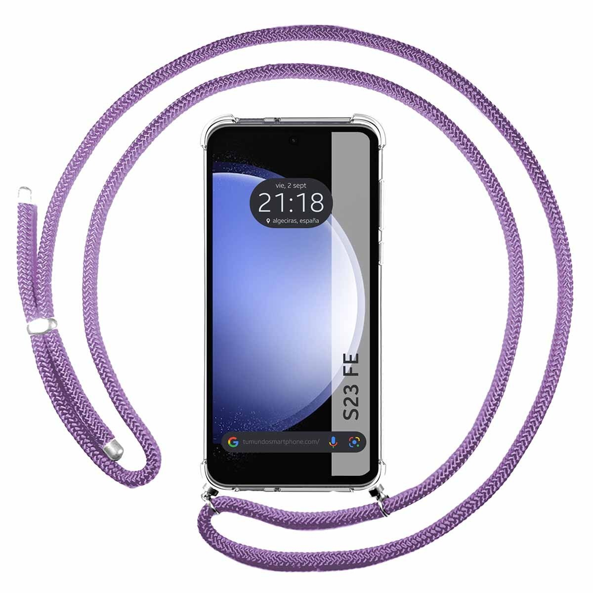 Smartphone in una custodia trasparente con un cordino viola. Il telefono mostra l'ora. Il cordino è intorno.