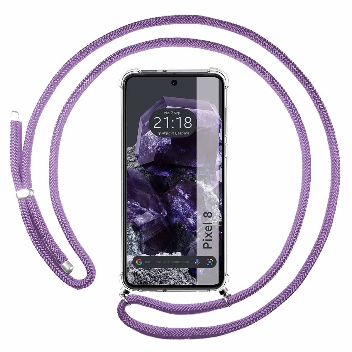 Un telefono con un cordino viola, che mostra uno schermo con l'ora e un design astratto viola.