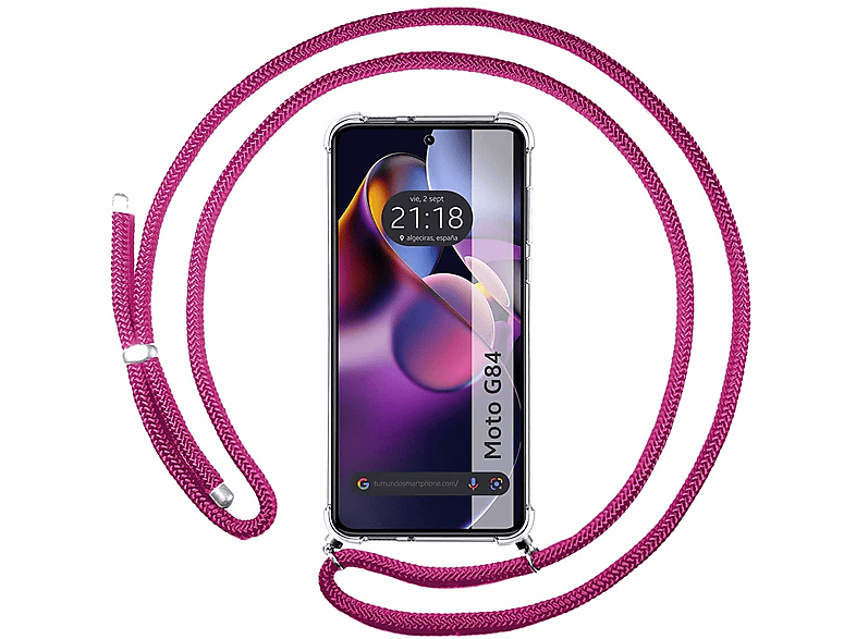 Custodia Trasparente Con Cordone Per Motorola Moto G84 5G – Antiurto, TPU + PC, Colore Rosa Fucsia, Sempre A Portata Di Mano - 2