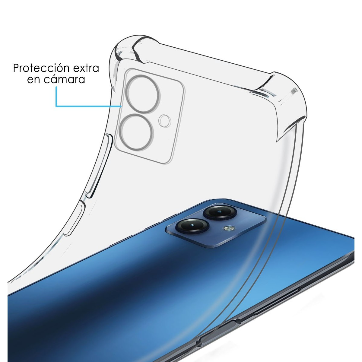 Custodia trasparente per telefono, che mostra le lenti della fotocamera del telefono, con testo che indica un'ulteriore protezione della fotocamera.