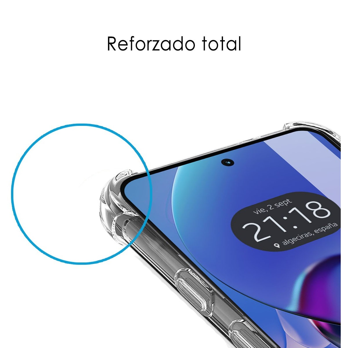 Primo piano di una custodia per telefono, che mostra la visualizzazione dell'ora e della data.