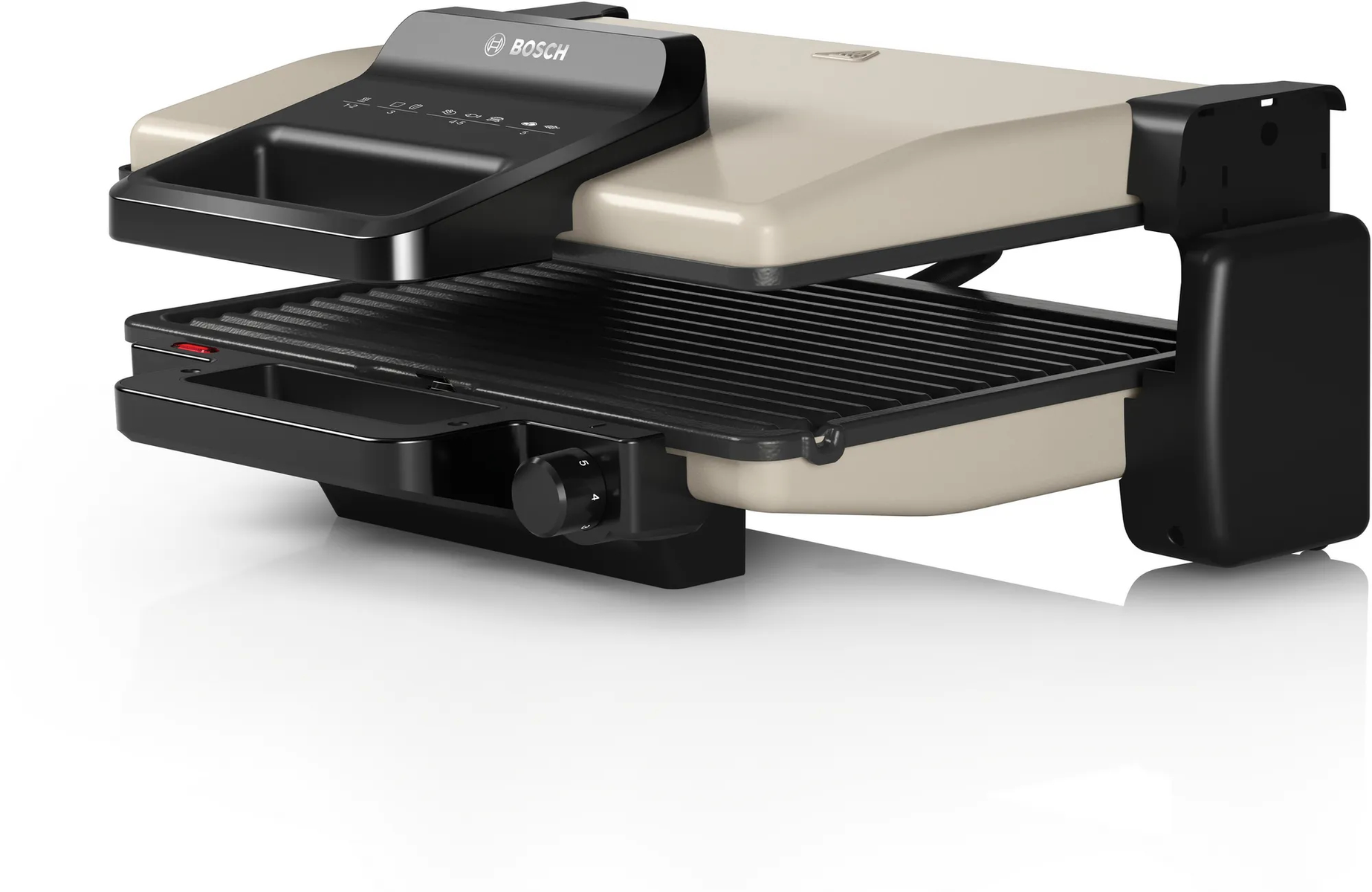 Elektrischer Bosch-Grill, beige und schwarz, mit Griff und Bedienelementen.