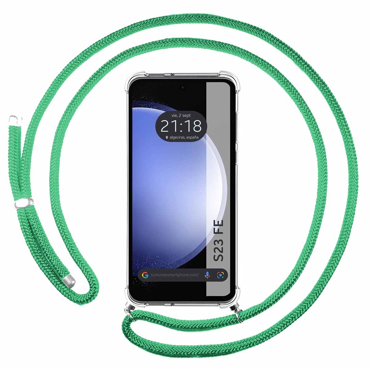 Telefono con un cordino verde avvolto intorno.