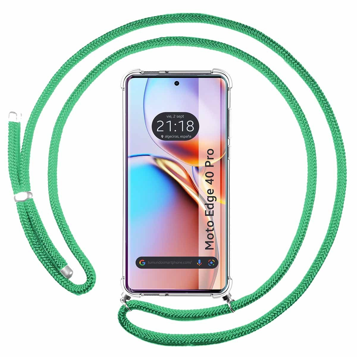 Smartphone in una custodia trasparente con un cordino verde. Il telefono è Moto Edge 40 Pro.