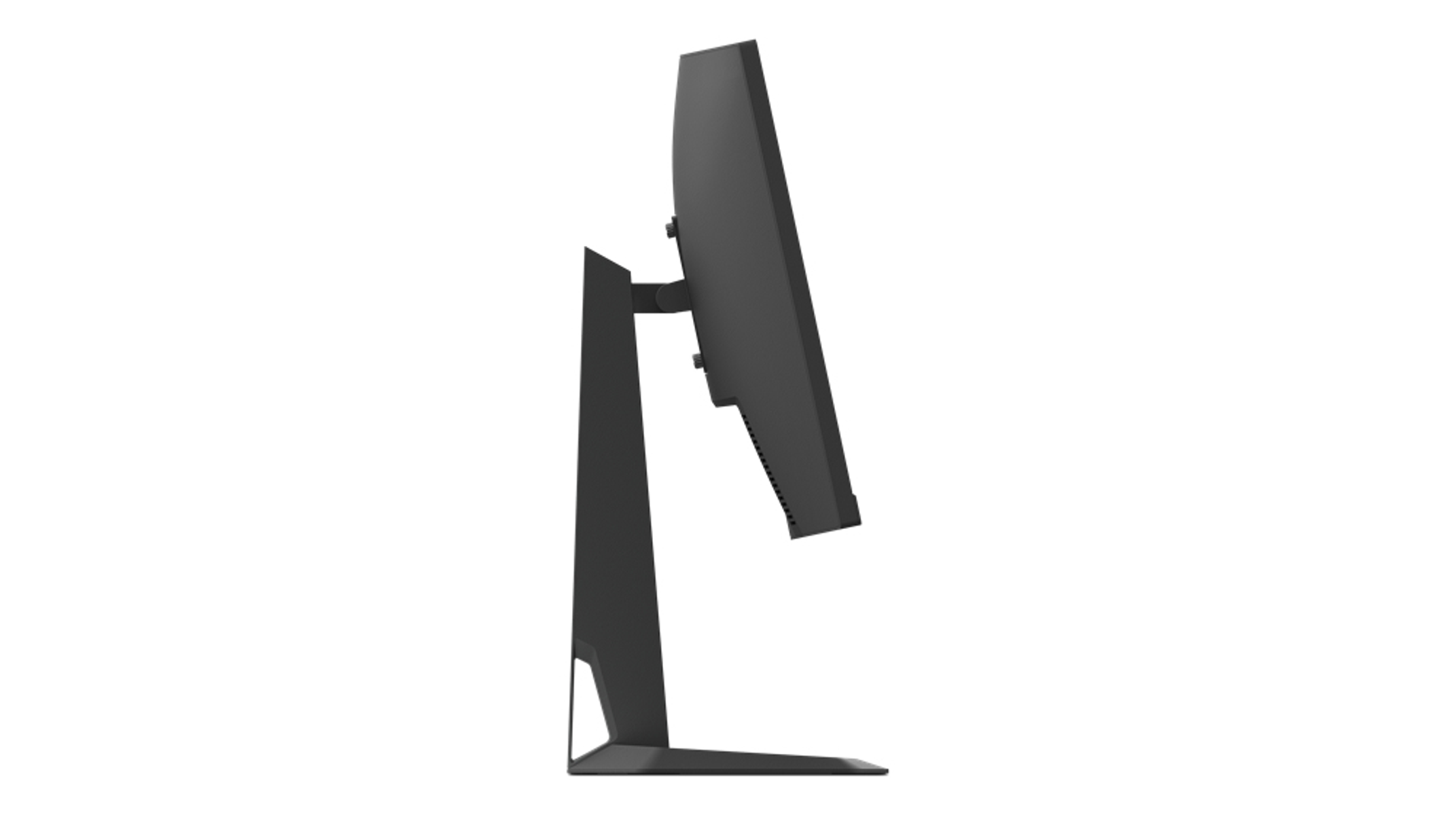 Widok z boku czarnego monitora komputera na stojaku, na białym tle.