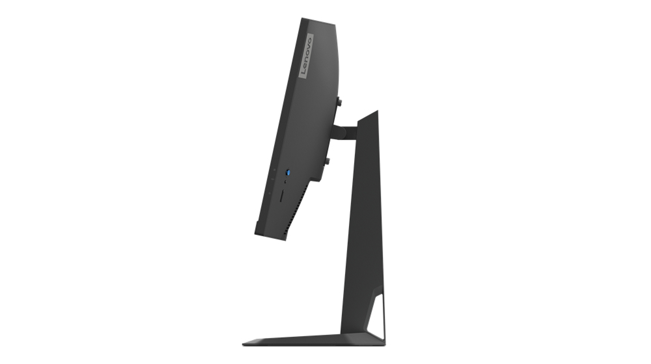 Widok z boku czarnego monitora komputerowego Lenovo z czarną podstawą. Jest pod kątem.